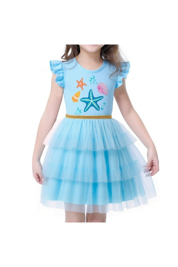 Girls Tulle Tutu Dress Mermaid Toddler Ruffle Sleeve Party Sundress Baby Kids Princess Summer Outfits Blue 5-6 Years/974