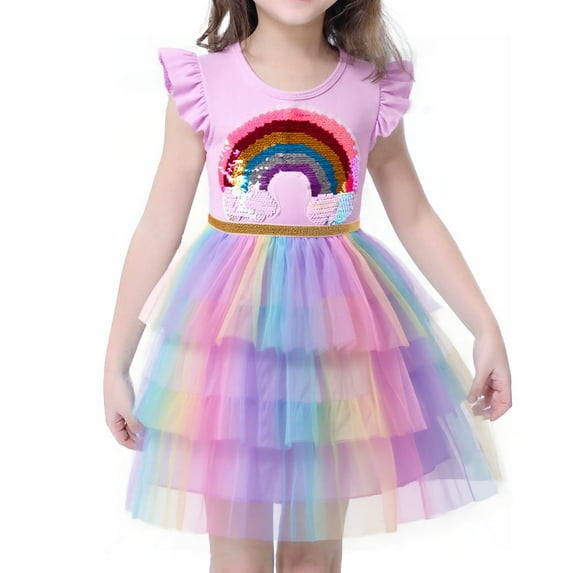 Girls Tulle Tutu Dress Rainbow Sequins Toddler Ruffle Sleeve Purple Summer Outfits Kids Princess Party Sundress 2-3 Years/970