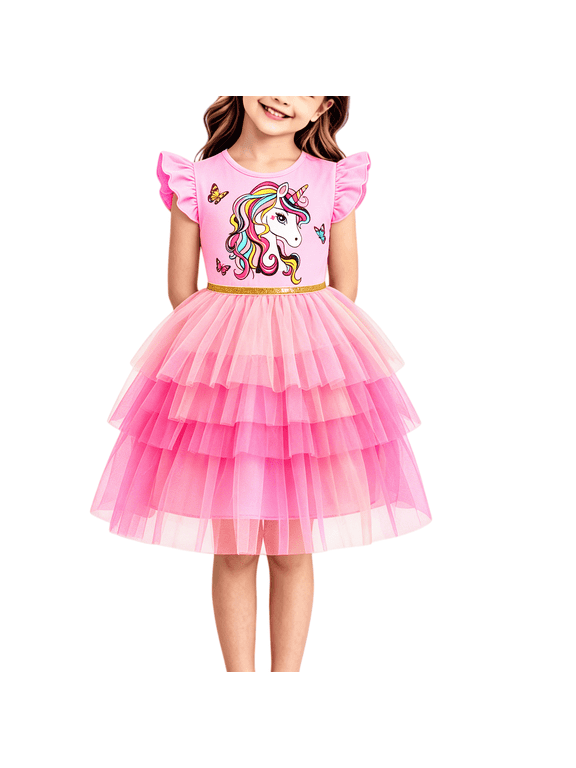 Toddler Girls Tulle Dress Unicorn Rainbow Ruffle Sleeve Tutu Sundress Kids Birthday Party Outfits Baby Summer Dresses 4-5 Years/968