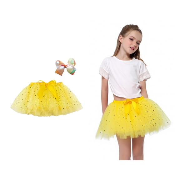 Toddler Tutu Skirt Layered Yellow Tutu Sequin Skirt with Bow Hair Clip Elastic Waist Toddler Ballet Skirt Fairy Dress 2-4 Years