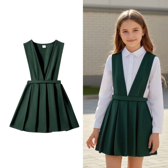 Toddler Uniform Dress for Girls V-Neck Jumper Dress Pleated Skirt Summer Green Uniform Skirts Girls Clothes Size 3-4 Years