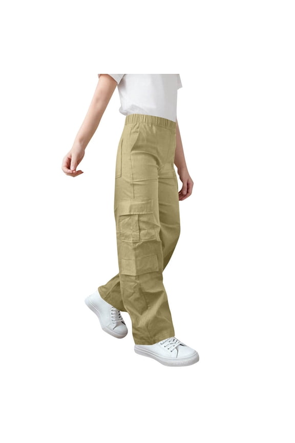 Toddler Uniform Pants Boys New Teen Girls High Waisted Wide Leg Cargo Pants Baggy Casual Trousers Streetwear Kids Fashion Travel Outfits Khaki 150