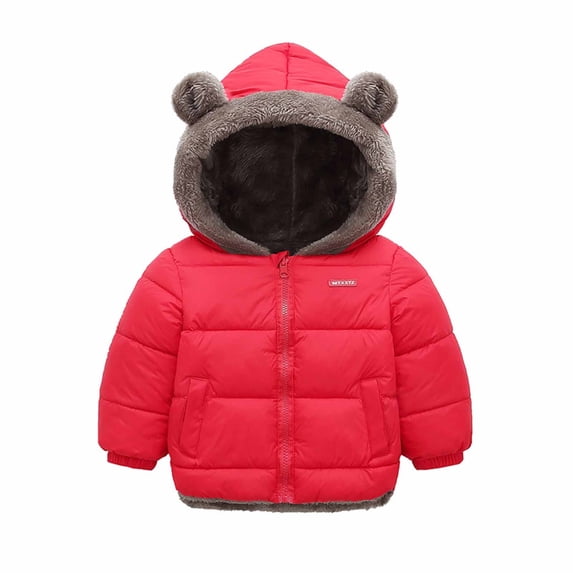 Toddler Unisex Winter Fleece Padded Zip Hooded Jacket, Soft Warm Windproof Long Sleeve Coat for Baby Boys Girls Casual Daily Thick Outerwear Red 5-6 Years