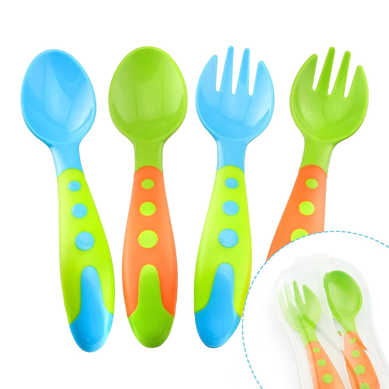 PandaEar 4 Set Baby Toddler Silicone Stainless Steel Utensils Silverware  Spoon Fork for Baby Toddler BPA Free with Silicone Holding…