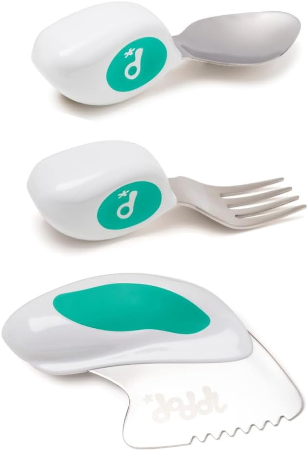 Toddler Utensils, Ergonomic Fork Spoon and Knife Set for Self Feeding, Stainless Steel Silverware for 1-3 Year Olds, BPA Free, Dishwasher Safe (Aqua)