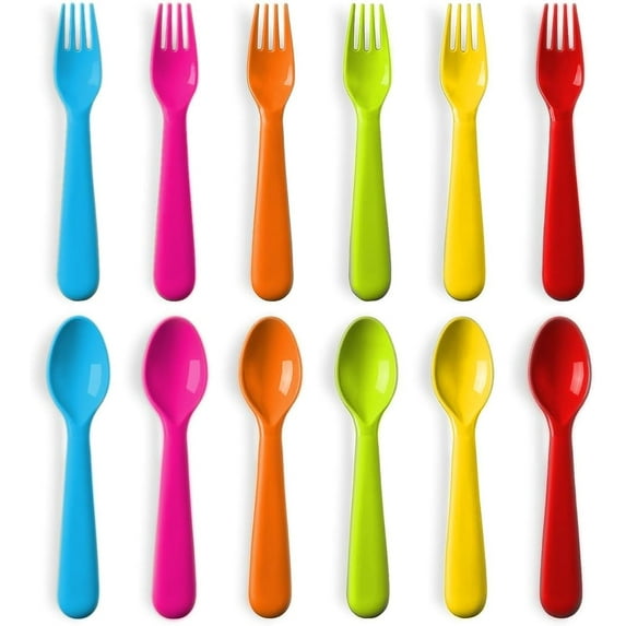 Plastic Toddler Utensils Set of 12 Kids Utensils Forks and Spoons - BPA FREE/Dishwasher Safe Toddlers Silverware Set