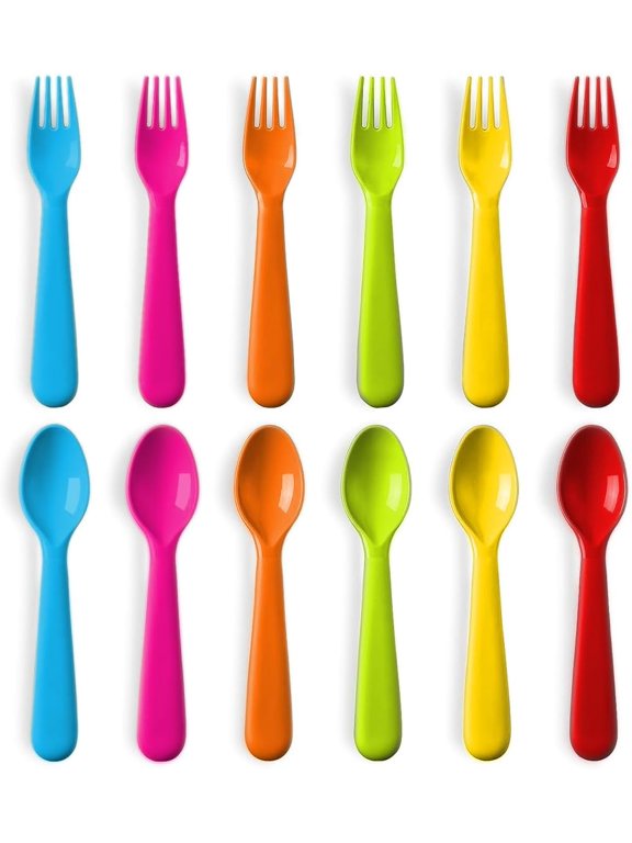 Toddler Utensils Set by PLASKIDY Kids Utensils 6 Forks and 6 Spoons - BPA FREE / Dishwasher Safe Toddlers Silverware Set Brightly Colored Children's Safe Flatware Cutlery Set