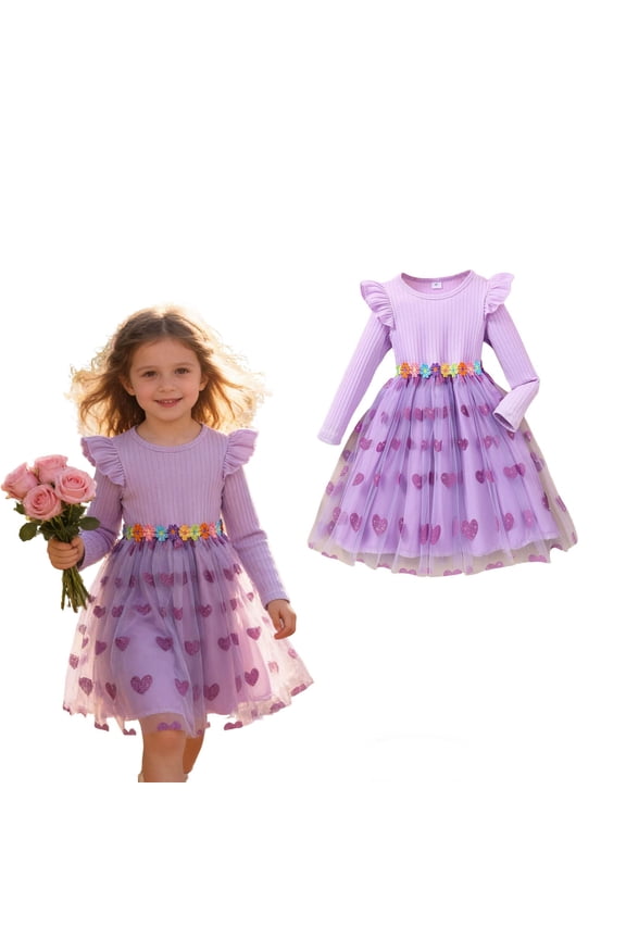 Toddler Valentines Day Dress for Girls Long Sleeve Tutu Dress Girls Ruffle Tulle Dresses Girls Spring Outfits Girl Birthday Dress 3-4 Years