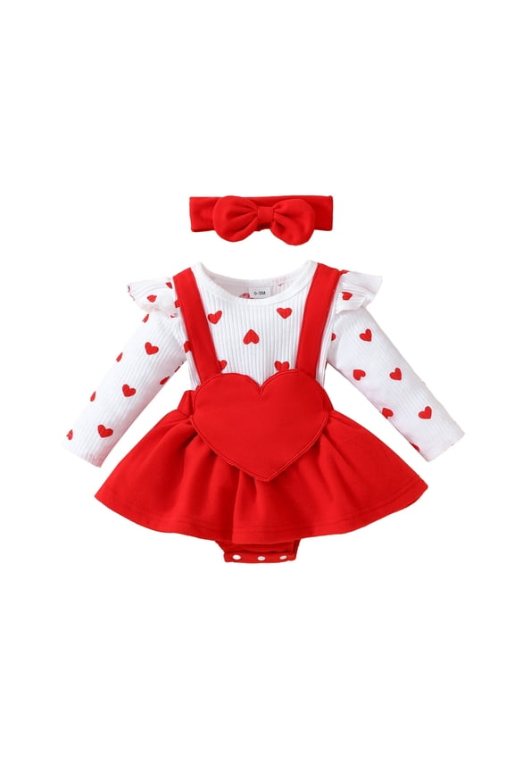 Toddler Valentines Day Outfit Girl Love Heart Print Long Sleeve Romper Top Skirt 2 Piece Sets Baby Girl Clothes for Girls 0-3 Months