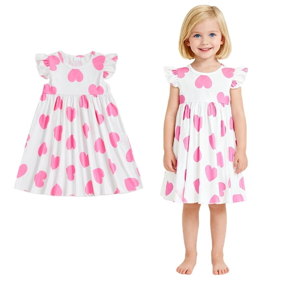 Toddler Valentines Dress for Girls Heart Print Ruffle Sleeve Swing A-Line Casual Sundress Girls Spring Dresses Dress for Girls 12-18 Months
