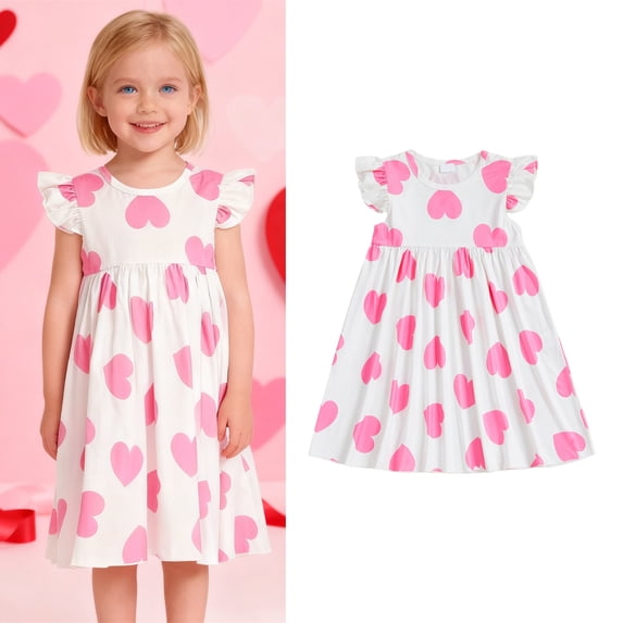 Toddler Valentines Dress for Girls Heart Print Ruffle Sleeve Swing A-Line Casual Sundress Spring Dresses 18-24 Months Girl Clothes