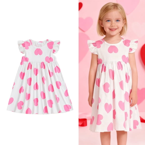 Toddler Valentines Dress for Girls Heart Print Ruffle Sleeve Swing A-Line Casual Sundress Spring Dresses Dress for Girls 12-18 Months