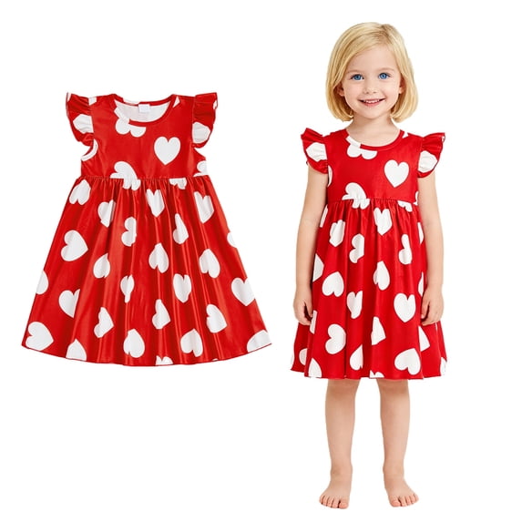 Toddler Valentines Dress for Girls Heart Print Ruffle Sleeve Swing A-Line Casual Sundress Spring Dresses Girl Party Dress 2-3 Years