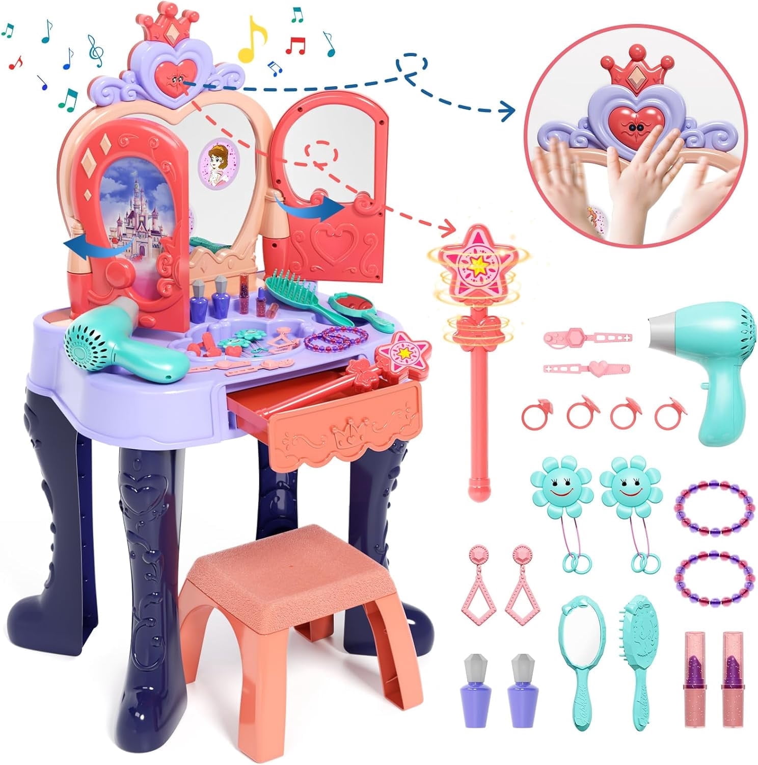 RUVINCE Toddler Vanity Set with Mirror, Chair, Music, Lights, and Accessories for Kids Ages 3-5
