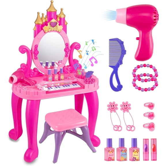RUVINCE Vanity Makeup Table Toy ,Toddler Vanity Set Play for Girls Vanity Playset with Mirror, Kids Beauty Set Pink