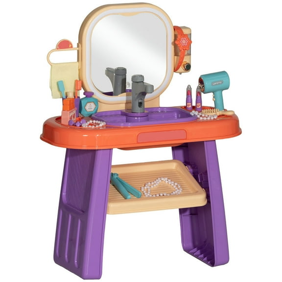 Toddler Vanity Table Playset,Kids Vanity Set, Toddler Makeup Table with Faucet, Mirror, LED Light, Purple