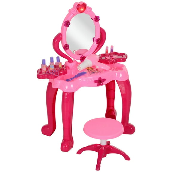 Toddler Vanity Table Playset,Kids Vanity Set with Mirror and Stool, Girls Makeup Table, Pink
