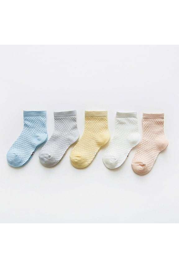 Toddler Waffle-Knit Crew Socks - 5-Pack Breathable Cotton Socks for Boys & Girls (0-4Y) - Spring & Summer