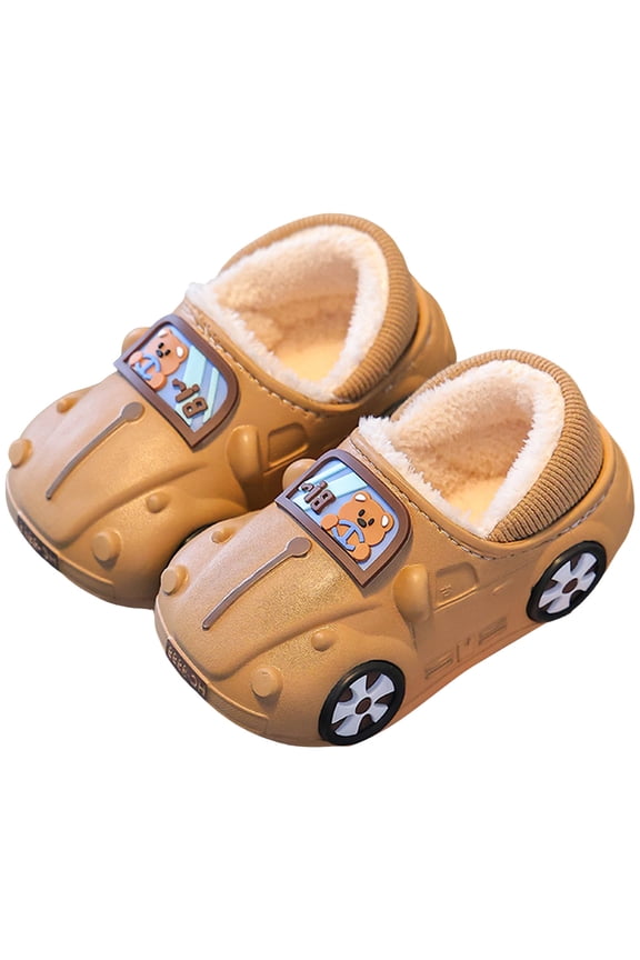 Toddler Walking Shoes Funny Car Shape Cartoon Crib Shoes Boys Girls Warm Plush Lined Slip on Slippers Waterproof Antislip Mules Khaki 8.5 Toddler