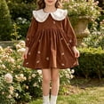 thumbnail image 1 of Toddler Warm Corduroy Fall Outfit Contrast Big Ruffle Collar Tiny Floral Embroidery Gathered Waist Casual Dress for Birthday Parties Indoor Tea Parties Brown 100, 1 of 7