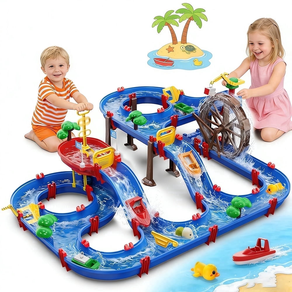 Vatos 2-Tier Water Table for Kids 3+, DIY Water Park Playset with Water Wheel and Pump, Outdoor Summer Water Toy
