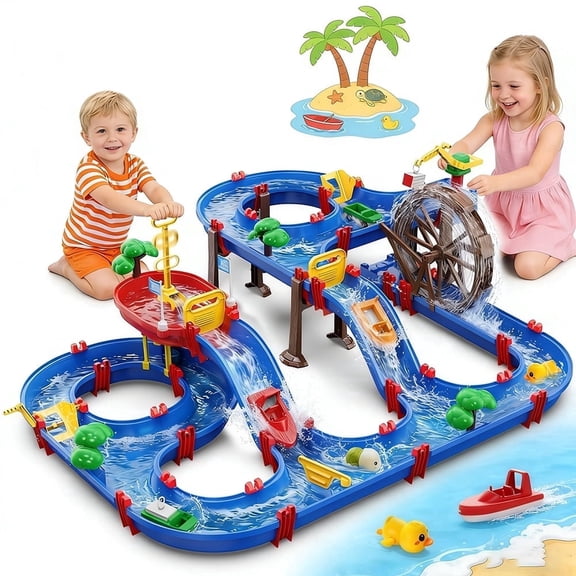 Vatos 2-Tier Water Table for Kids 3+, DIY Water Park Playset with Water Wheel and Pump, Outdoor Summer Water Toy