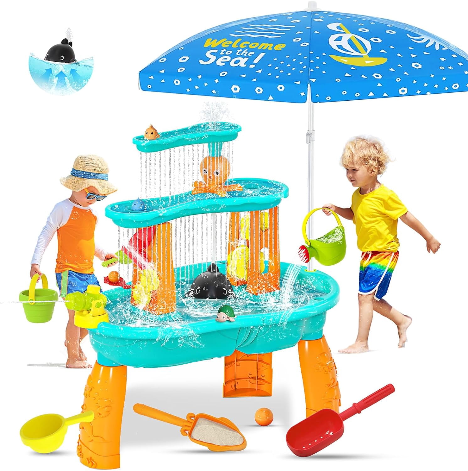 Toddler Water Table, Auto Water-Absorbing 3-Tier Kids Water and Sand Activity Table with Umbrella & 20PCS Water Toy Accessories, Outdoor Water Play Toys Sensory Playset Summer Gift for Age 3+