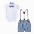 thumbnail image 1 of Toddler Wedding Outfit Boy Toddler Baby Boy Clothes Suit Tropical Palm Leaf Print Shirt, Green Suspender Shorts and Bow Tie Toddler Boy Summer Outfit, 1 of 5