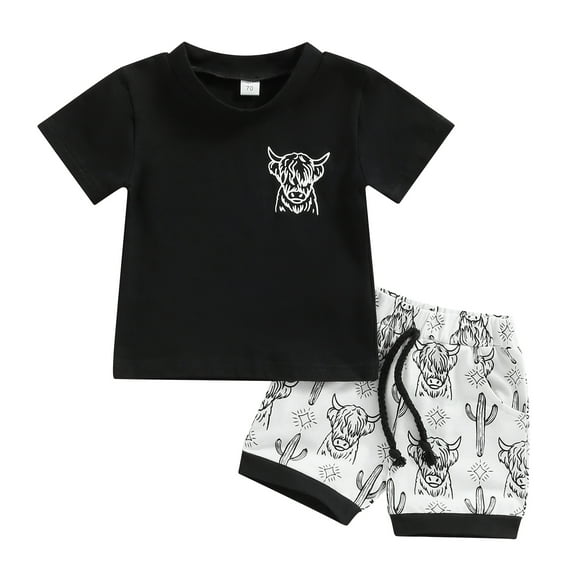 Toddler Western Baby Boy Summer Clothes Short Sleeve Cow Print T-Shirt Tops Shorts Set 2Pcs Casual Outfits Black 12-18 Months
