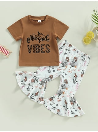 Western Baby Girl Clothes Bell Bottom Outfit Cow Print Short Sleeve T-Shirt  Top Flare Pants Set Cowgirl Outfits 