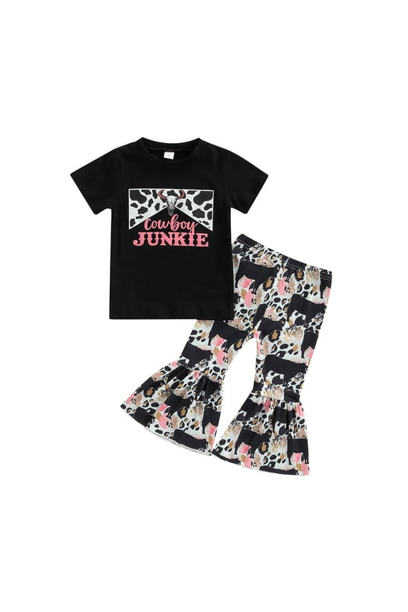 Toddler Western Baby Girl Clothes Bell Bottom Outfit Short Sleeve Letter Tops Cow Print Flare Pant Sets