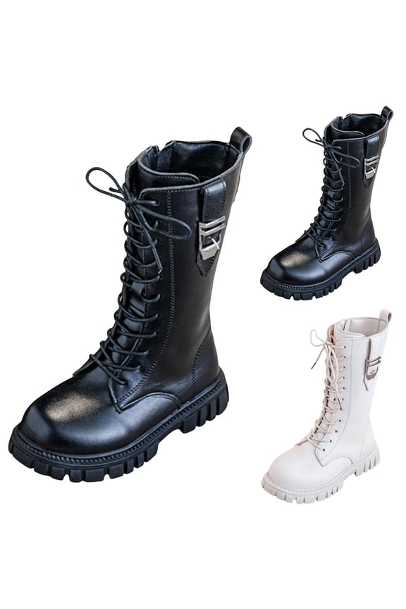 Toddler White Boots Size 10 Girls Boots Girl Lace Up Riding Fall Kid Mid Calf Combat Shoes Pu Leather Side Zipper Cowboy Punk Cute Goth Boot 4-12 Years Girls Cowgirl Boot for Toddler/Little/Big Kids