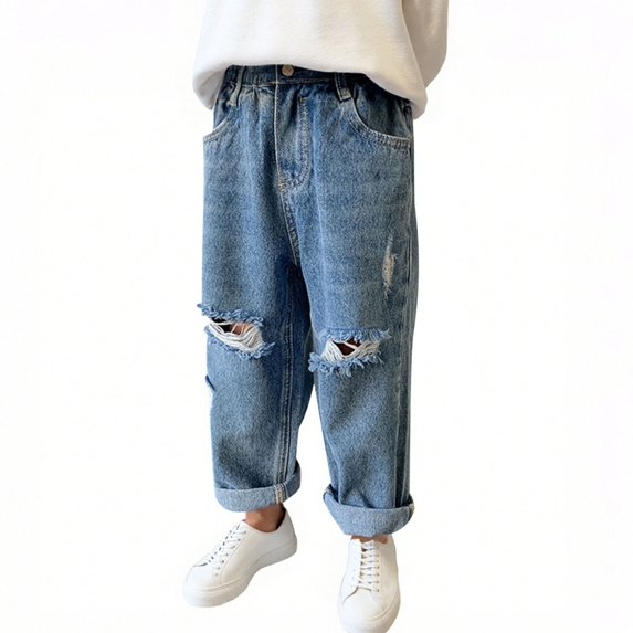 Toddler Wide Leg Distressed Jeans Boys Loose Ripped Denim Pants with Pocket Kids Casual Fall Spring Outfits Light Blue,5 Years