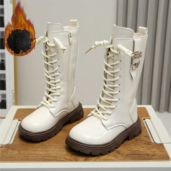 Toddler Winter Boots,Kids Winter Footwear Autumn Style for Girls Flat Bottom PU Comfortable Boots,Nude Boots,05 White,3.5-4 Years