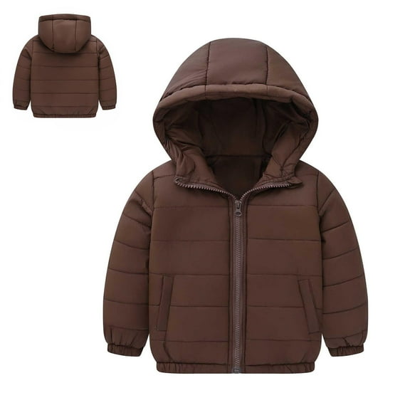 Toddler Winter Coat for Boys with Hooded Puffer Jacket Kids Coffee Puffer Coat Zip up Long Sleeve Waterproof Girls Thicken Jacket Little Girl Jackets 3-4 Years