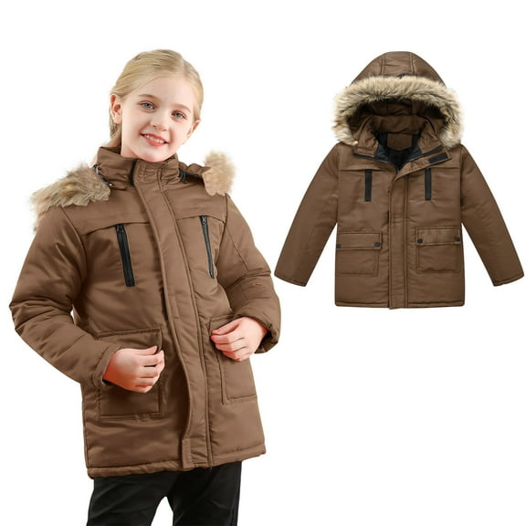 Toddler Winter Coats for Boys Hooded Puffer Jacket Kids Brown Puffer Jacket Zipper Long Sleeve Thicken Waterproof Jacket Kids Girl Fall Jacket 3-4 Years