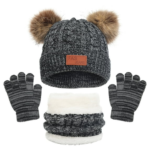 Toddler Winter Fleece Lined Thermal Sets Knit Thick Ski Beanie Cap With Pom And Scarf Gloves Set For Baby Kids On Clearance