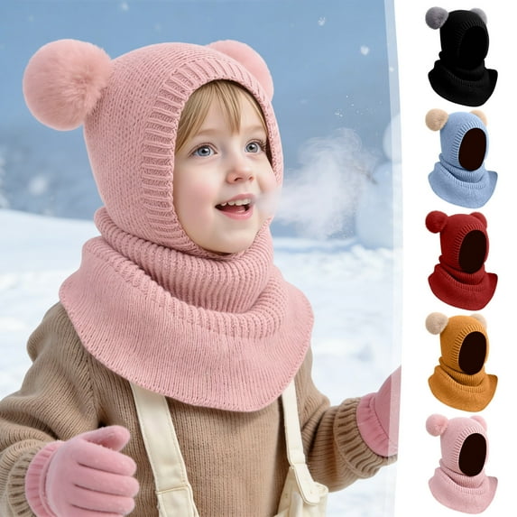 Toddler Winter Hat 2-in-1 Ski Mask Balaclava Fleece Lined Beanie with Face Cover Ear Flaps Soft Stretchy Knitted Cap for Kids Warmer Cold Weather