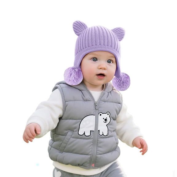 Toddler Winter Hat,Adorable Bear Ears Knit Hat With Double Pom Poms for Kids Winter Warm Soft Stretchy for Girls And Boys,Boys Winter Hat,Purple,L