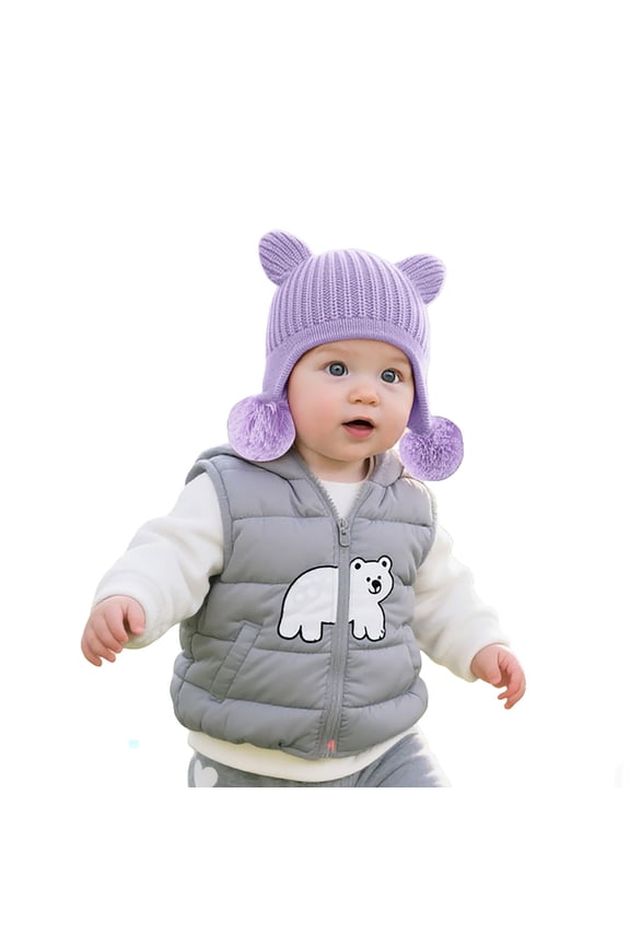 Toddler Winter Hat,Adorable Bear Ears Knit Hat With Double Pom Poms for Kids Winter Warm Soft Stretchy for Girls And Boys,Boys Winter Hat,Purple,S