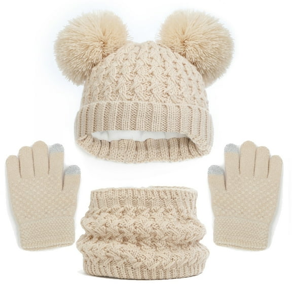 Toddler Winter Hat and Gloves Set 3 Piece Boys Girls Classic Thermal Lined Knit Hood Hat with Scarf Gloves for Christmas Toddler Winter Hats 1-6 Years