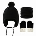 thumbnail image 1 of Toddler Winter Hat Scarf Mittens Set, Ear Flap Beanie with Chin Tie & Pom Pom, Plush Lined Knit Set, Kids Snow Accessories for 2-8 Years, Matching Winter Accessories Black, 1 of 2
