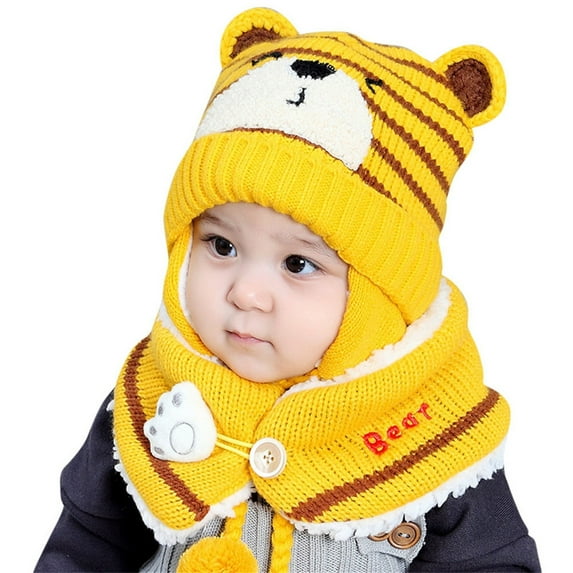 Toddler Winter Hats Boys, Baby Boy Girl Winter Hat Toddler Bear Ear Cap Beaniess Hat With Scarf Fleece Lined Knitted Cap Neckwarmer for Kids 2 Pieces 4-Yellow