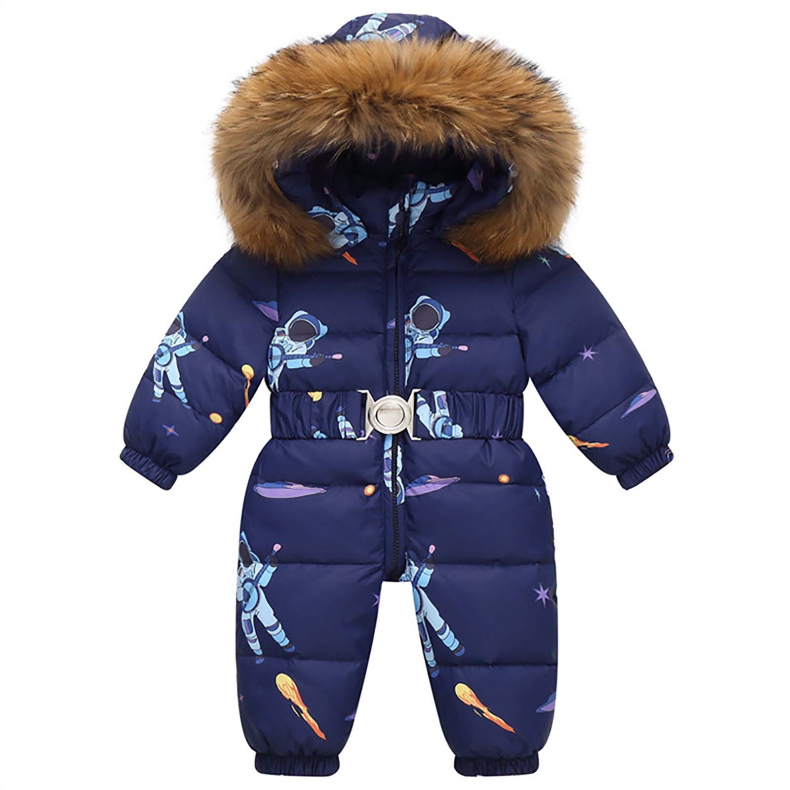 Toddler Winter Jumpsuit Boys Girls Cute Down Coat Puffer Hooded Snowsuit Romper Baby Warm Long Sleeve Onesies, Blue, 1 Years