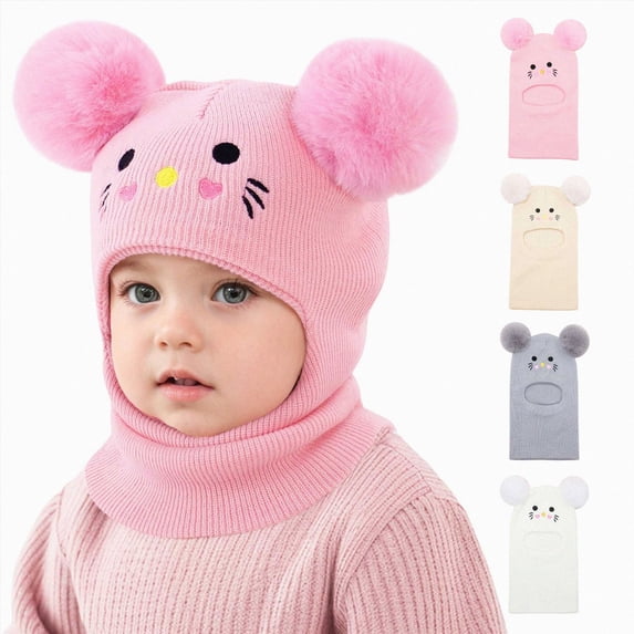 Toddler Winter Knit Balaclava with Cute Animal Face, Warm Hood for Boys and Girls