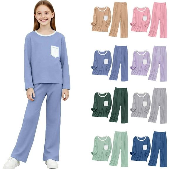 Toddler Winter Two-piece Set Boys Girls Solid Pocket Home Wear Clothes Long Sleeved Shirts Long Pants And Pajamas