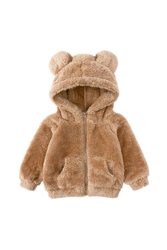 Baby Boys Girls Toddler Hooded Jacket Hoodie Warm Solid Color Coat Cute Bear Ear Sweater Thick Winter Clothes