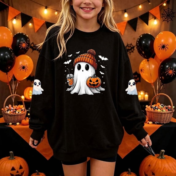 Toddler Youth Girls Fall Graphic Sweatshirts Funny Ghost Coffee Print Pullovers Kids Long Sleeve Drop Shoulder Tops Crewneck Slouchy Sweaters for Halloween Season, Size 5-6