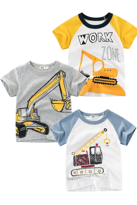 Toddler and Little Boys 3-Pack Short Sleeve Crew neck T-Shirts Excavator Graphic Tops 1-9 Years