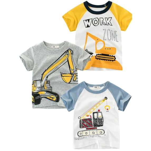 Toddler and Little Boys 3-Pack Short Sleeve Crew neck T-Shirts Excavator Graphic Tops 1-9 Years